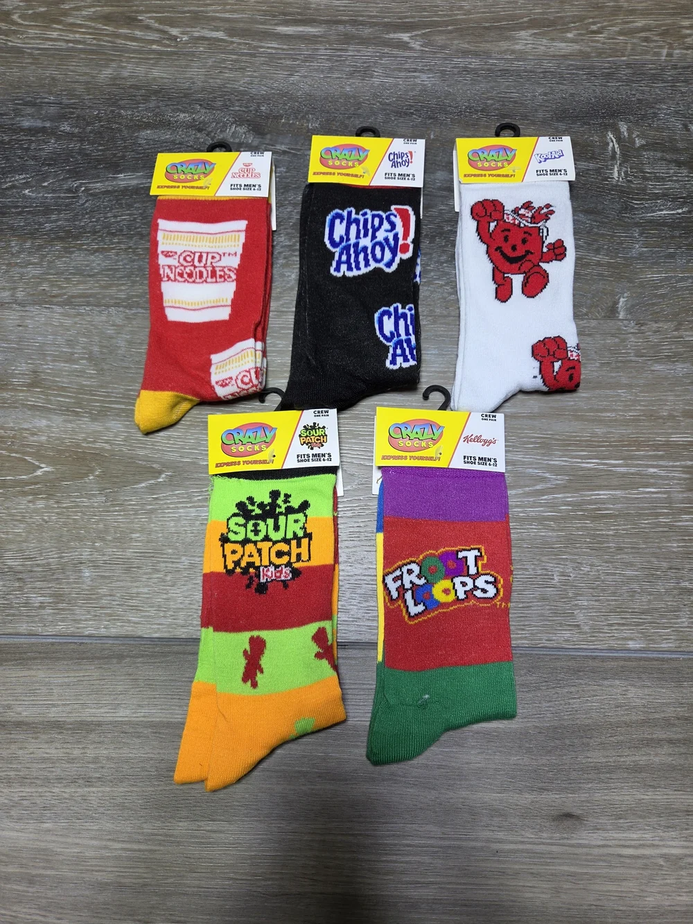 Crazy Socks 5 Pair Crew Sock Lot Food Logos Men's Shoe Size 6-12